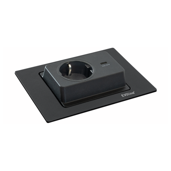 EVOline Spin Steckdosenelement Schwarz – 1x Steckdose + USB-C 20W, drehbar, flächenbündig