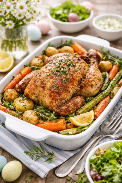 Saftiger-Hahnchenbraten-mit-Fruhlingsgemuse-und-Krautern