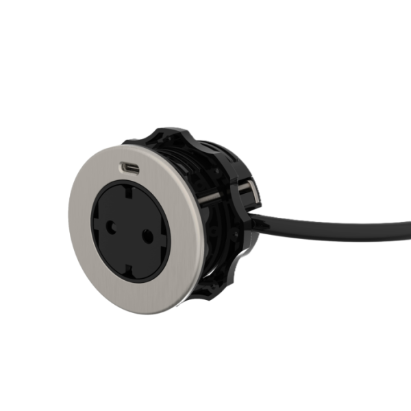 SOLO Einbausteckdose Edelstahl – 1x Steckdose, USB-C 20W, 49 mm Einbautiefe