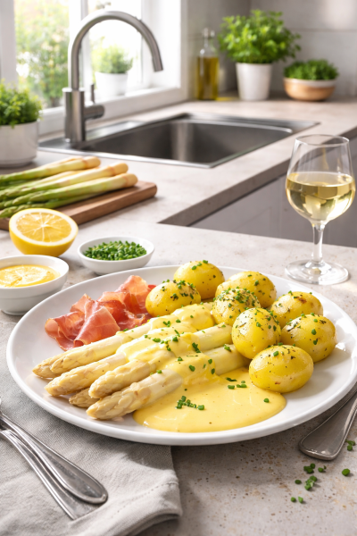 Frischer-Spargel-mit-Sauce-Hollandaise-und-neuen-Kartoffeln