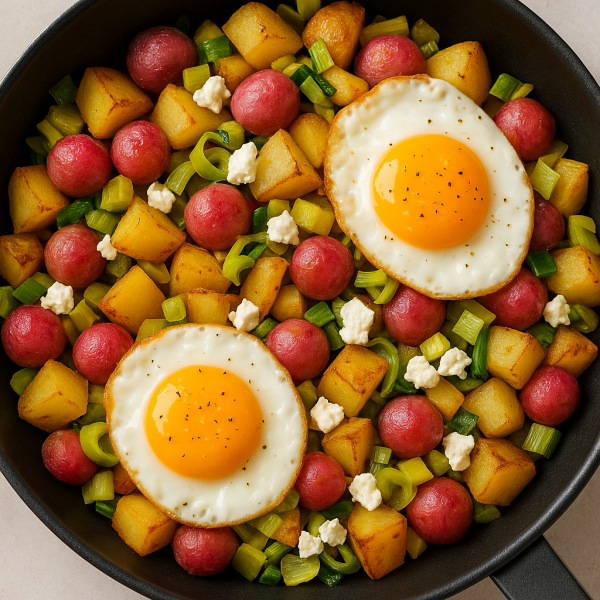 Kartoffelpfanne-mit-gebratenem-Porree-Radieschen-Feta-Spiegelei
