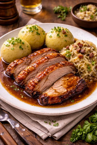 Bayerischer-Schweinsbraten-mit-Knodel-und-Kraut