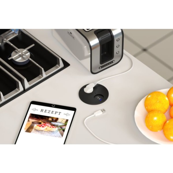 Duplex Steckdoseneinheit schwarz RUND 1x CEE 7/3, 1x USB Type-A, 1x USB Type-C