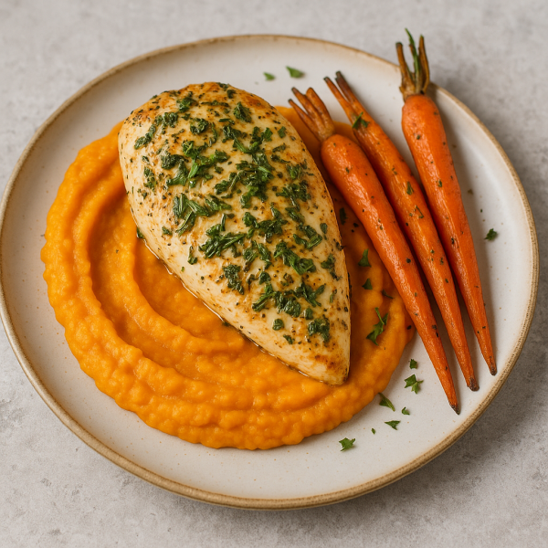Krauter-Hahnchenbrust-auf-Kurbis-Susskartoffel-Puree