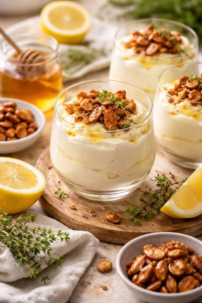 Zitronen-Mascarpone-Creme-mit-Thymian-und-karamellisierten-Mandeln