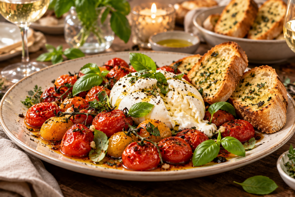 festliche-vorspeise-ofentomaten-burrata-kraeuterbrot