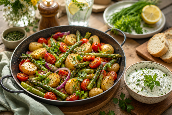 himmelfahrt-rezept-spargel-kartoffelpfanne-kraeuterquark