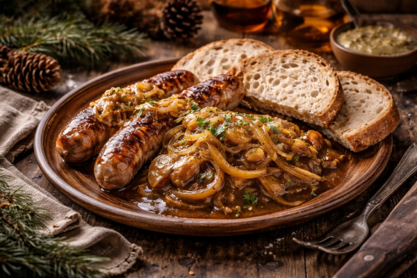 Thuringer-Rostbratwurst-mit-Zwiebelsauce-Bauernbrot