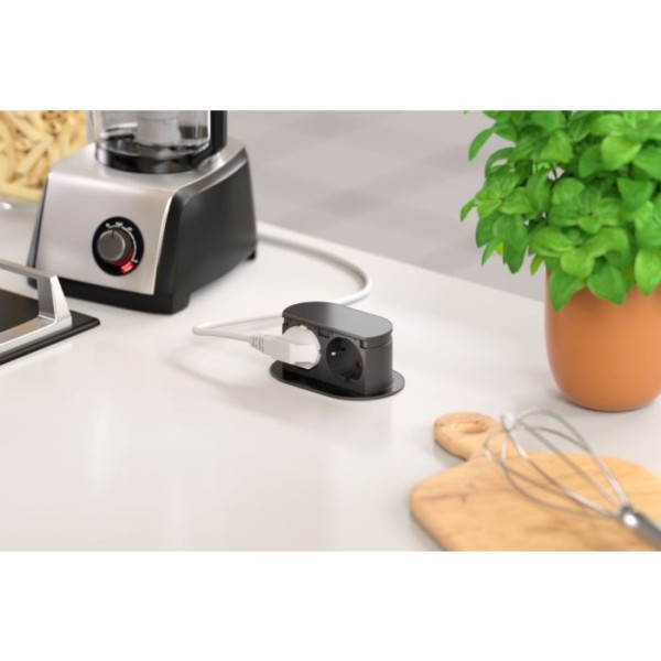 PICCOLINO versenkbare Einbausteckdose Schwarz – 2x Steckdose, USB-C 30W, IP44