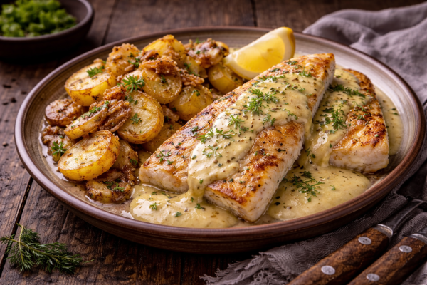 Hamburger-Pannfisch-mit-Bratkartoffeln-Senfsauce