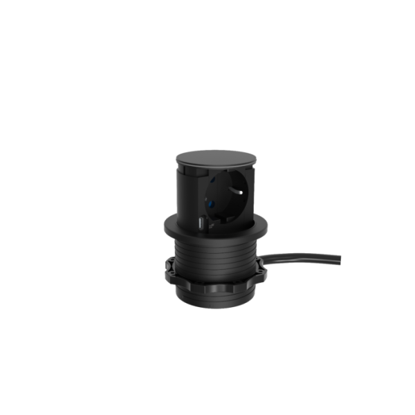 PICCOLINO UNO versenkbare Einbausteckdose Schwarz – 1x Steckdose, USB-C 20W, IP44