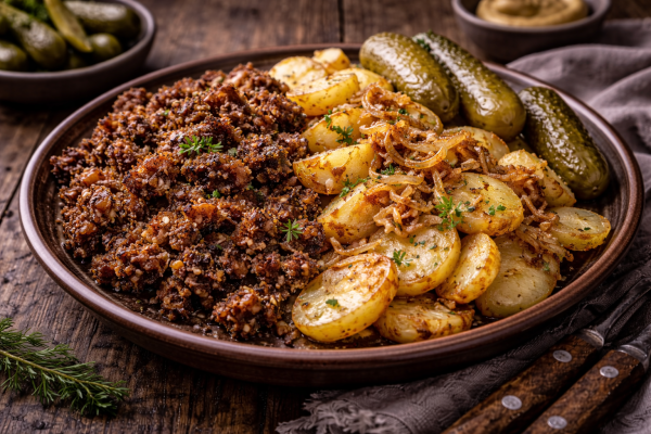 Knipp-mit-Bratkartoffeln-Gewurzgurke