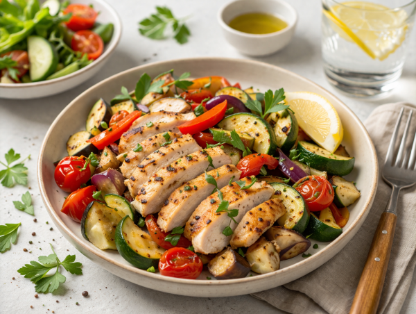 Mediterrane-Gemusepfanne-mit-Hahnchen-und-Krautern