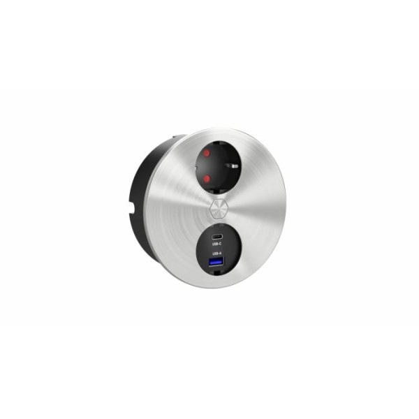 Duplex Steckdoseneinheit Edelstahlfarben RUND 1x CEE 7/3, 1x USB Type-A, 1x USB Type-C